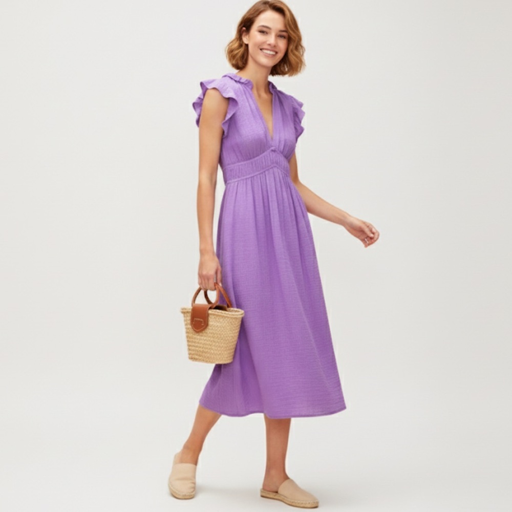 XiRENA Peony V-Neck Cotton Gauze Sleeveless Mini Dress Purple Plumeria Small